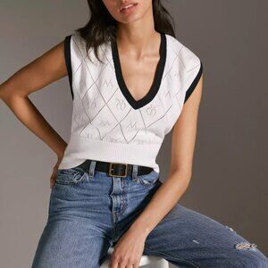 Like New Anthro Maeve Cotton Violette Icon Logo Tipped Vest White Small